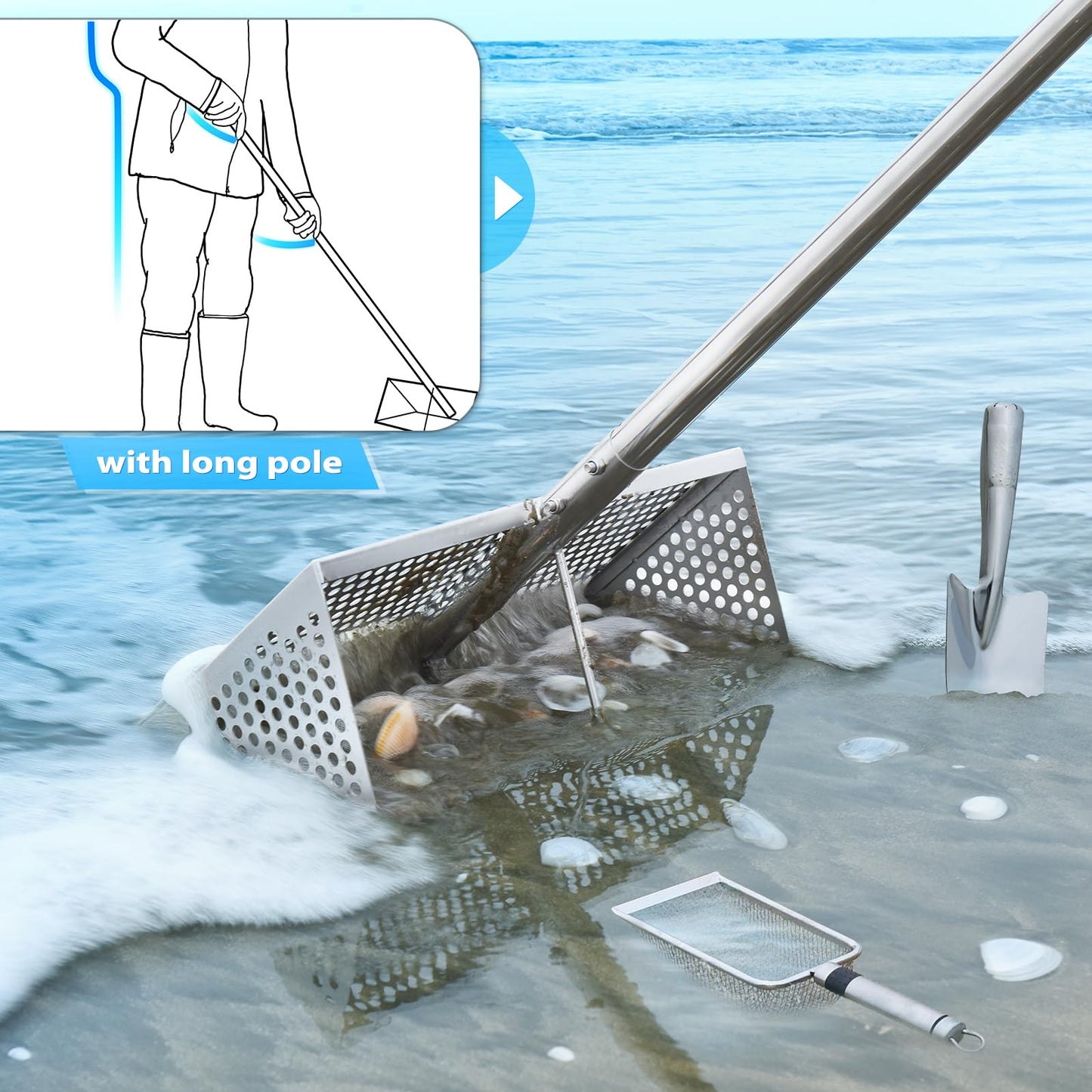 🏖️ 16" Stainless Beach Rake – No Bending, Clean Finds