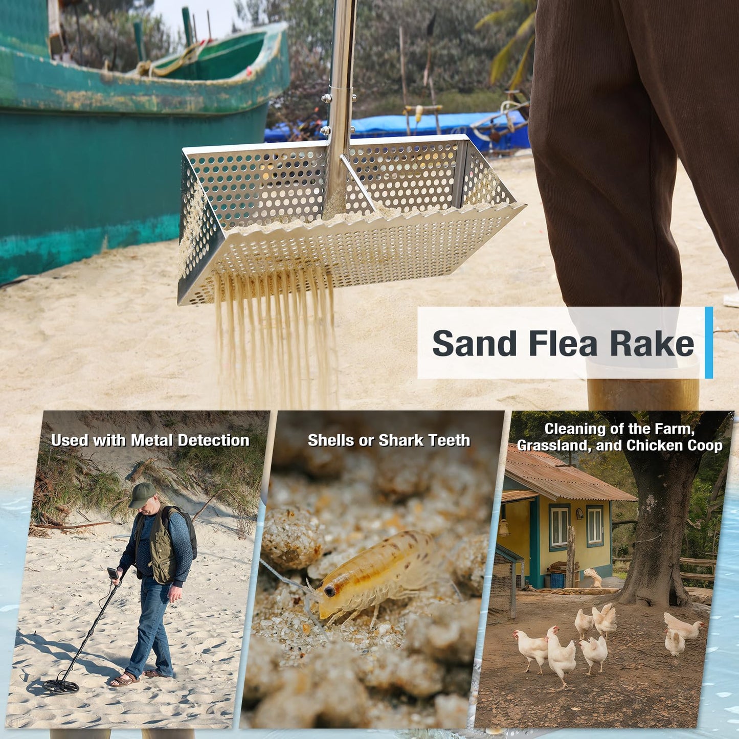 🏖️ 16" Stainless Beach Rake – No Bending, Clean Finds