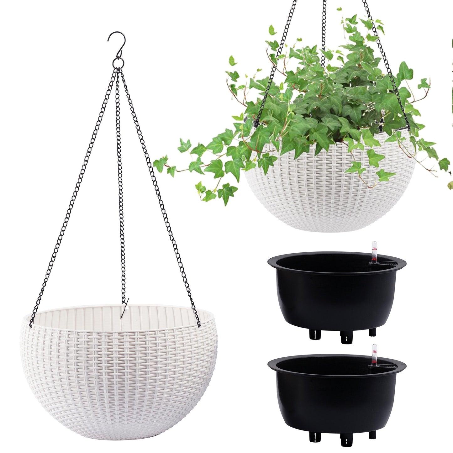 Self-Watering Hanging Rattan-Inspired Planter (Pack of 2, White)