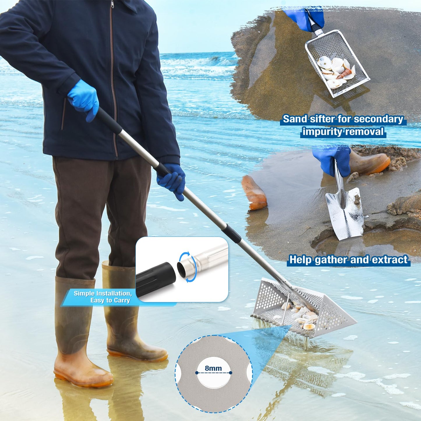 🏖️ 16" Stainless Beach Rake – No Bending, Clean Finds