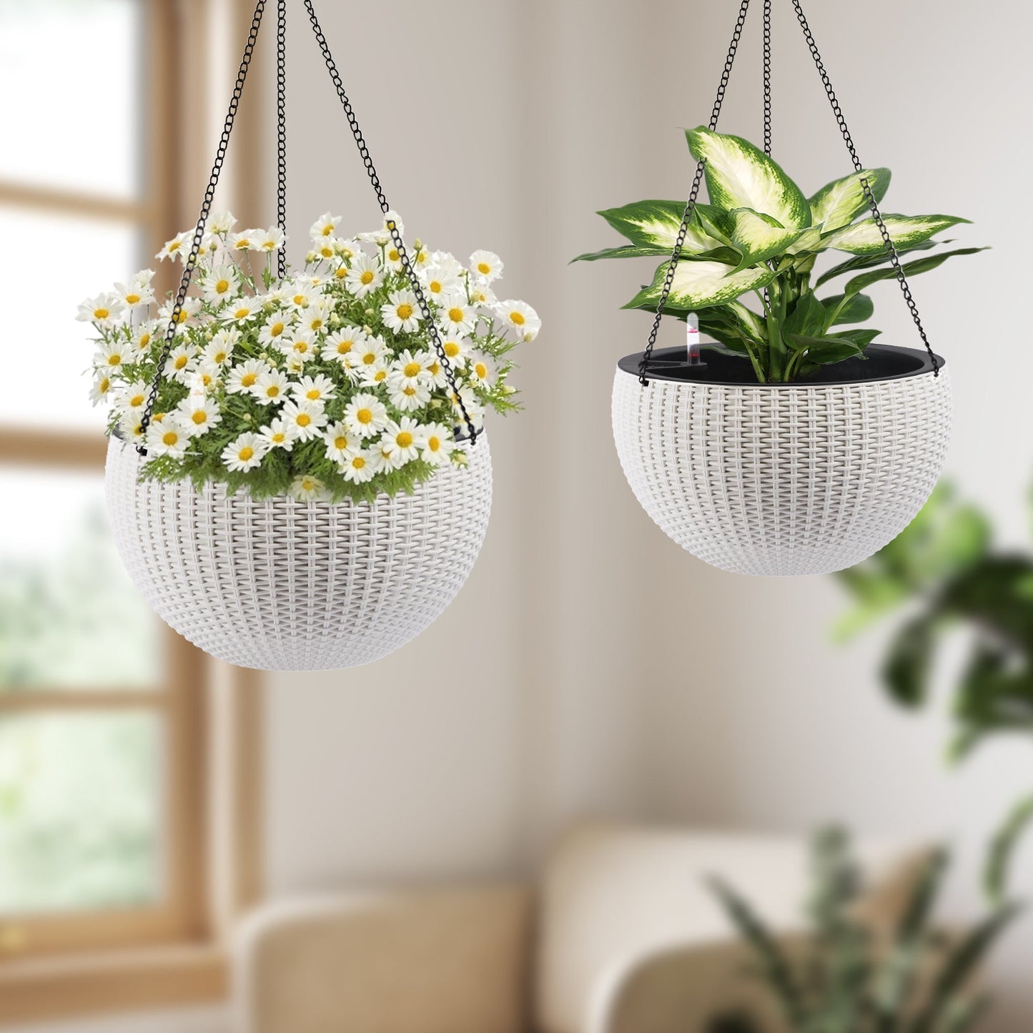 Self-Watering Hanging Rattan-Inspired Planter (Pack of 2, White)