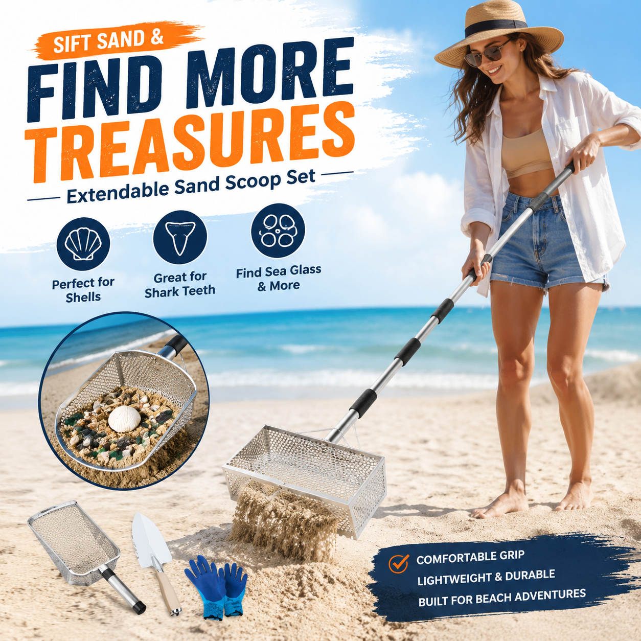 🏖️ 16" Stainless Beach Rake – No Bending, Clean Finds