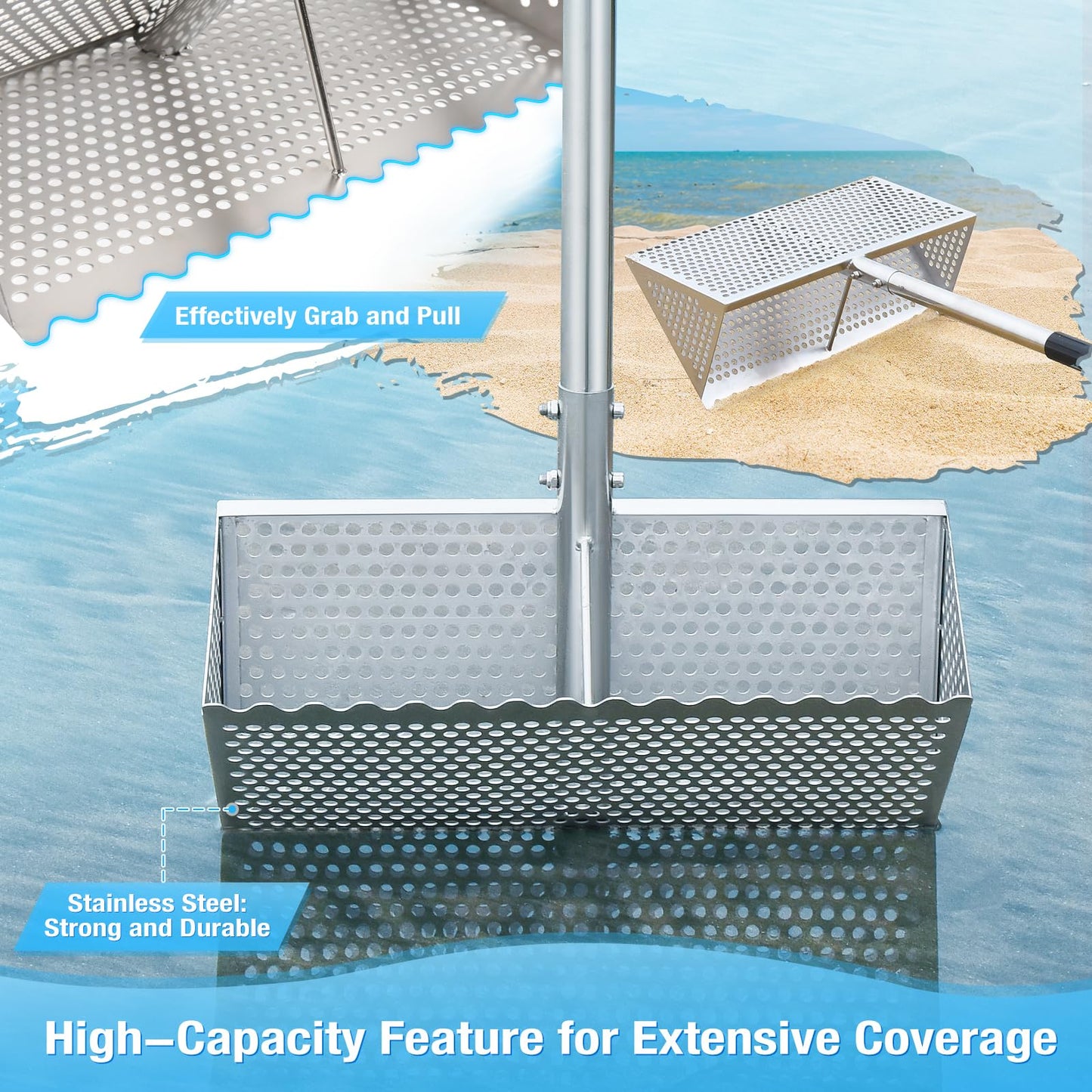 🏖️ 16" Stainless Beach Rake – No Bending, Clean Finds