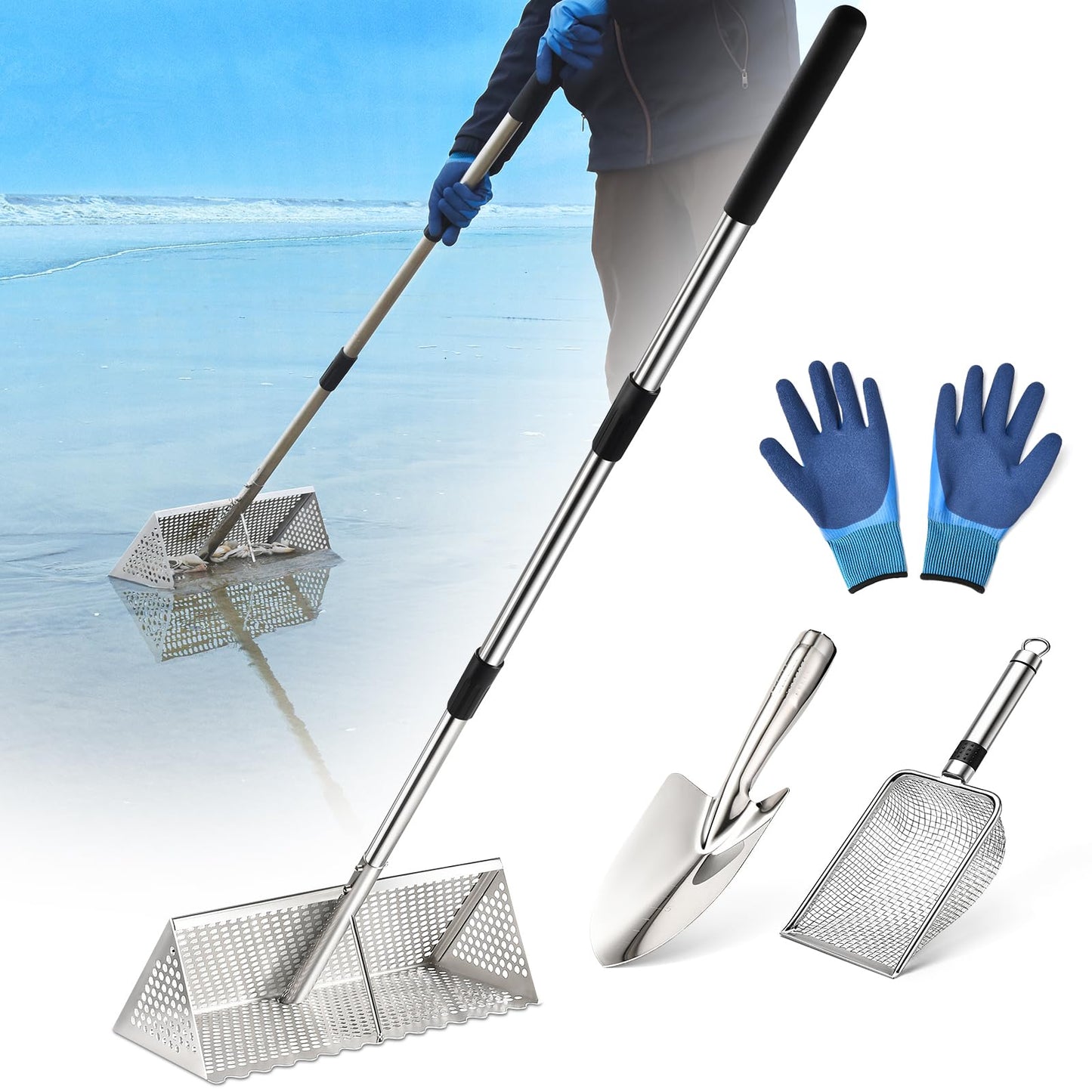 🏖️ 16" Stainless Beach Rake – No Bending, Clean Finds